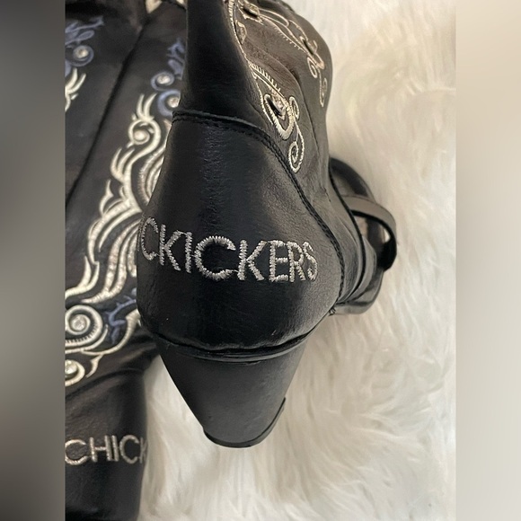 Chickickers Boots Sz 8 Black Leather Embroidered Floral Open Toe Western - Picture 13 of 16